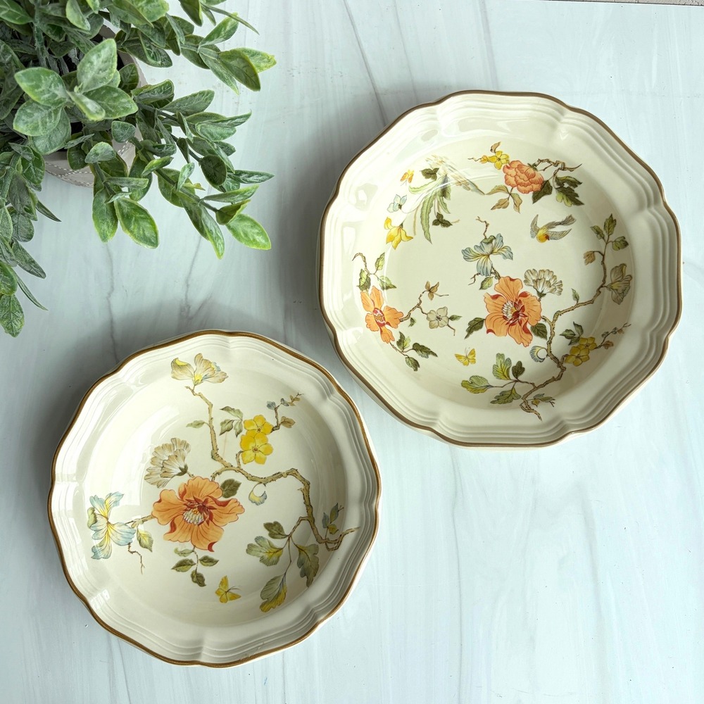 Mikasa Heritage Olde Tapestry F2005 Floral Scalloped Stoneware Bowls Set of 2